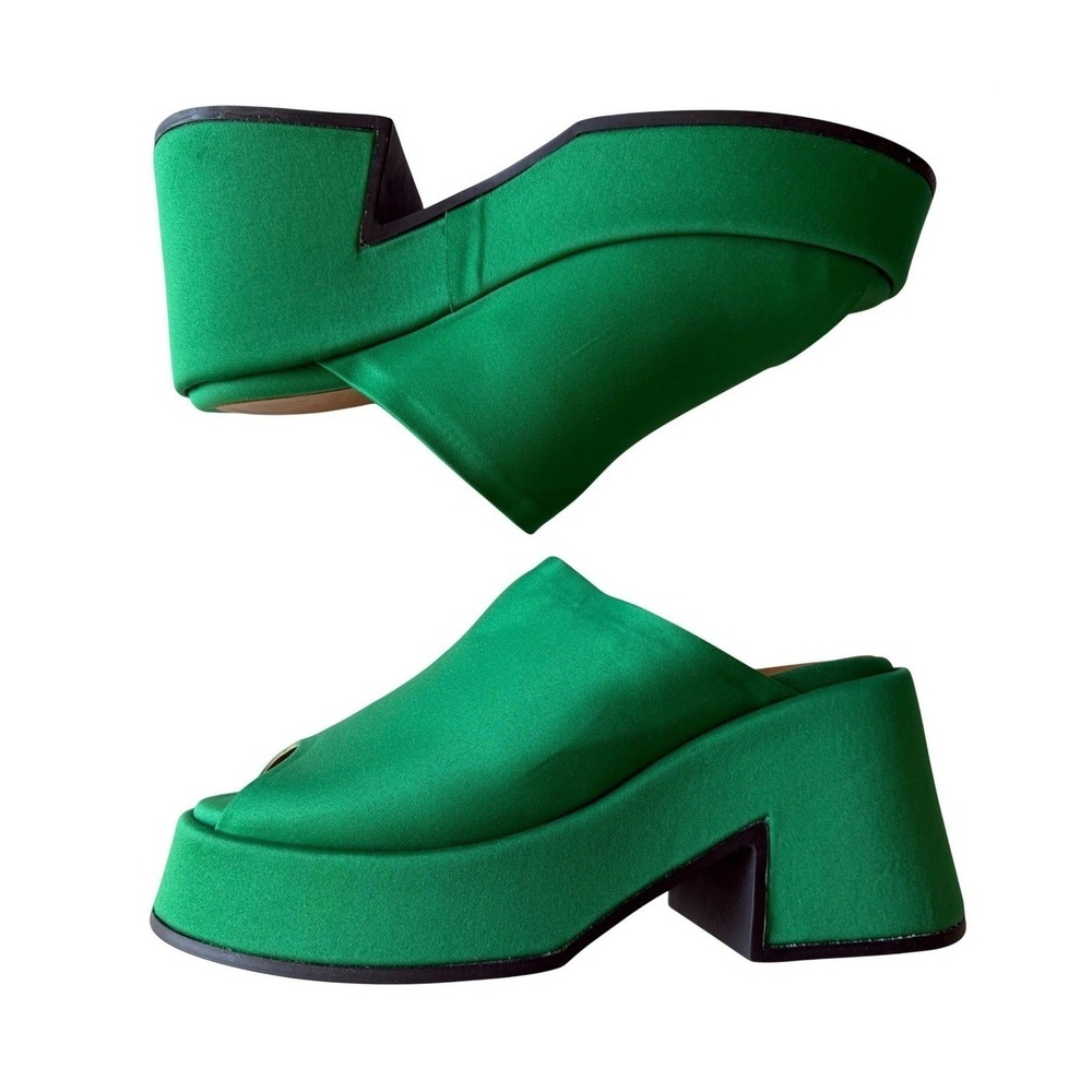 GANNI Platform Mule Slide Sandal Green Satin Block Heel Scandi Maximalist 40